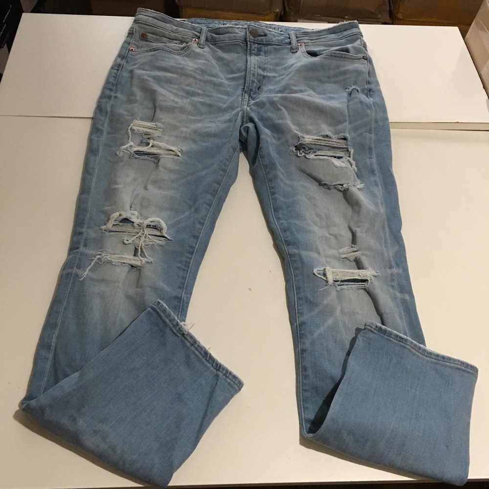 American Eagle Slim Jeans Mens 36x32 Light Blue Distressed Cozy Airflex+